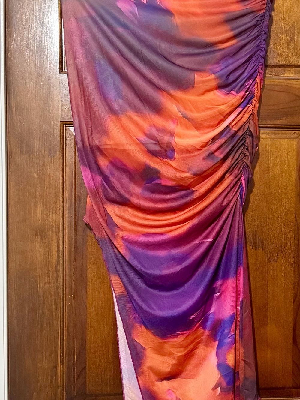 Vibrant Orange & Purple Abstract Ruched Maxi Skirt